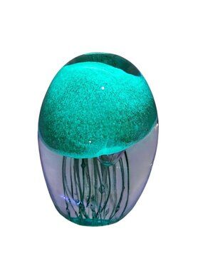 Dynasty Gallery Art Glass Jellyfish Paperweight Glow In The Dark Green Clear 4"